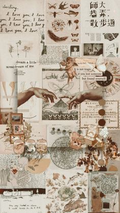 a collage of various images and words on paper