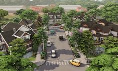 an artist's rendering of a residential area with cars parked on the street and houses in the background