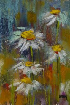 an abstract painting of white daisies with yellow centers