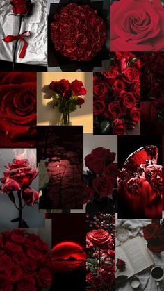 a collage of red roses and white sheets