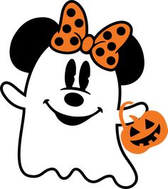 a cartoon ghost with a polka dot bow on her head and a jack - o'- lantern