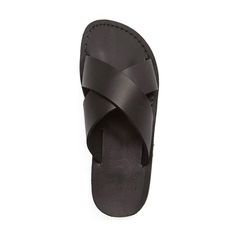 Model wearing Elan black, handmade leather slide sandals Comfortable Leather Sandals, Mens Slide Sandals, Ankle Strap Sandals Flat, Toe Loop Sandals, Closed Toe Sandals, Sandals Outfit, Leather Cross, Slide On, Leather Slides