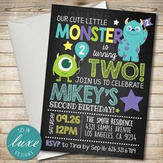 this is an image of a monster birthday party printable card with the name and age