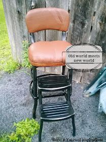 an old world meets new world chair and stool in front of a wooden fence with the words, old world meets new world on it