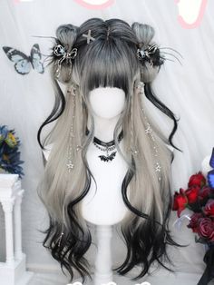 Gothic Wigs, White Hair Hairstyles, Long Hair Reference, Black And White Ombre, Stylish Bangs, Hairstyle Wigs, Wigs Hairstyles, Black And White Hair, Cool Hair Designs