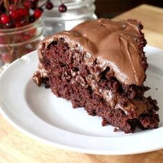 a piece of chocolate cake on a white plate