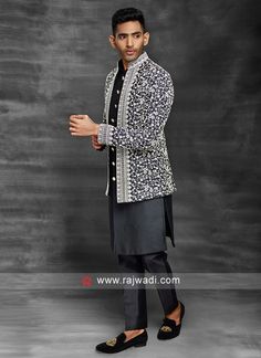 Black Color Lucknowi Work Indowestern... Western Dress For Men, Dresses Man, Shaadi Outfits, Indo Western Dress For Men, Maa Tattoo, Indo Western Dresses, Luxury Bedspreads, Shantanu And Nikhil