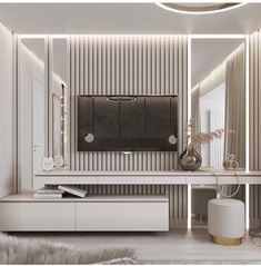 a modern living room with white furniture and striped walls