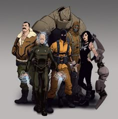 an animated group of people standing together in front of a giant gorilla man and woman