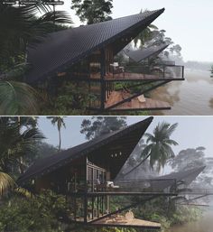 two pictures of the inside and outside of a house with trees in the foreground