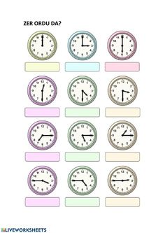 several clocks with different time zones on them are shown in the same color scheme,