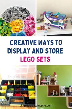 lego sets are shown with the words creative ways to display and store lego sets on them