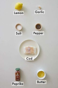 the ingredients for this recipe are shown on a white surface with words above them that spell out their names