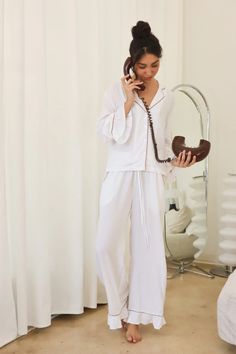 Carolina Benoit | Sleepwear French Pajamas Aesthetic, Feminine Loungewear, White Pjs, Silk Pijamas, White Sleepwear, White Pajama Set, White Cotton Pajamas, Loungewear Aesthetic, Pajama Set White