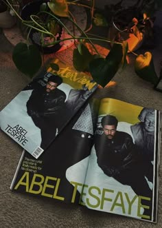 two magazines sitting on the floor next to a potted plant and some plants in front of them