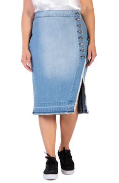 S AND P Frayed Slit Hem Denim Skirt | Nordstrom Denim Skirt Fashion, Satin Corset Top, Silk Chemise, Stretch Denim Fabric, Open Front Jacket, Denim Maxi, Denim Maxi Skirt, Plus Size Pants, Plus Size Skirts