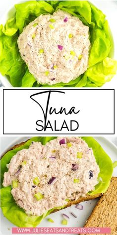 tuna salad in lettuce leaves on a white plate with the title above it