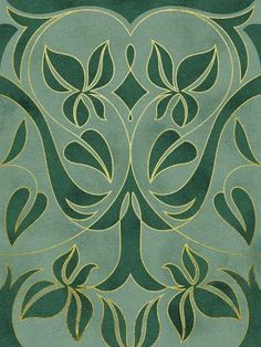 a green and gold wallpaper design with leaves on it's side, in the shape of a heart