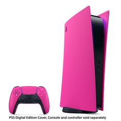 a pink nintendo wii console next to a game controller