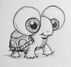 a drawing of a turtle with big eyes and an eyeball on it's shell