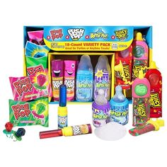 an assortment of toys including candy, gummy and other confectional items