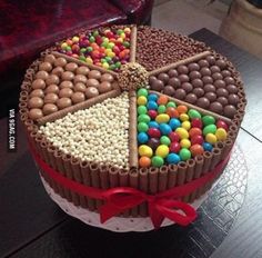 a chocolate cake with many different types of candies