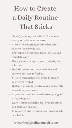 Transform your life by creating a daily routine that sticks! Discover practical tips for self-improvement and harness the power of a growth mindset to build a routine that supports your self-development goals. This guide offers actionable steps to help you stay consistent and motivated, turning your daily habits into powerful tools for personal growth. Start implementing these strategies today and watch your productivity and well-being soar! Developing A Routine, How To Build A Daily Routine, How To Be Consistent In Life, Creating Routines Daily Schedules, How To Set A Routine, How To Create A Daily Routine, How To Start A Routine, How To Make A Routine, How To Stick To A Routine