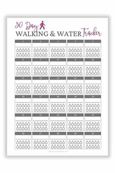 the 30 day walking and water tracker is shown in white with pink lettering on it