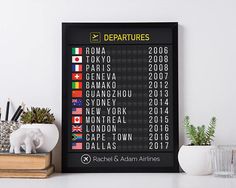 an airport departure board is displayed on a shelf next to other office supplies and decorations