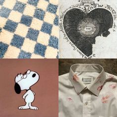 four different shirts with designs on them and one has a cartoon character in the middle