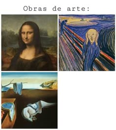 three different paintings with words written in spanish and english, one has a woman's face