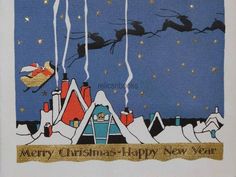 a christmas card with santa flying through the sky over a town and sleigh