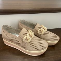 Brand New//Never Worn Size:8 -Super Comfy -Slip On Spring Beige Leather Slip-on Sneakers, Beige Leather Slip-on Sneakers For Spring, Chic Slip-on Sneakers With Perforated Toe Box, Chic Platform Slip-on Sneakers, Chic Slip-on Sneakers For Spring, Chic Beige Sneakers For Spring, Chic Sneakers With Removable Insole And Round Toe, Chic Sneakers With Removable Insole, Beige Slip-on Sneakers For Spring With Flat Heel