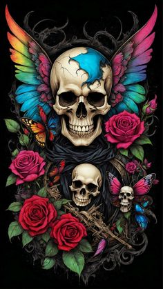 a skull with colorful wings and roses on it's head, surrounded by butterflies