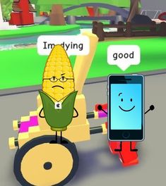 an animated corn on the cob cart with a cell phone in front of it