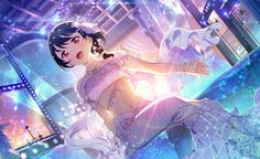 an anime character is dancing in the middle of a room with blue lights and stars