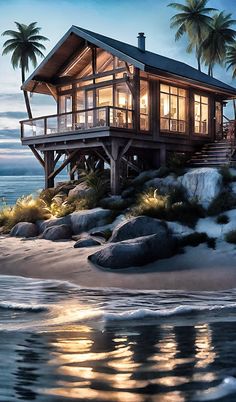 an artist's rendering of a house on the beach at night with palm trees