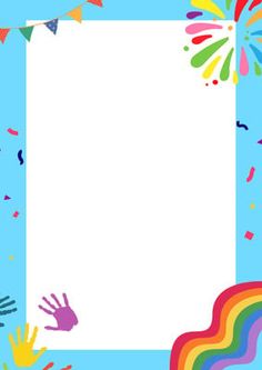 a blue background with colorful hand prints and confetti on the bottom right corner