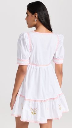 Find ENGLISH FACTORY Embroidered Short Sleeve Dress on Editorialist. Fabric: Mid-weight, non-stretch poplin. Square neckline and short puff sleeves. Floral and border embroidery. Hidden zip at side. Shell: 100% cotton. Lined. Hand wash. Imported, China. Measurements: Measurements from size XS Length: 33in / 84.0cm, from shoulder English Factory, Border Embroidery, Embroidered Shorts, Feminine Aesthetic, Pink Brand, Short Sleeve Dress, China Fashion, Square Neckline, Puff Sleeves