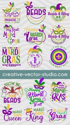 the logos for mardi gras are all different colors and sizes, but there is also