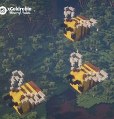 an aerial view of three buildings in the middle of trees and bushes, with text that reads gold robin minecraft studios