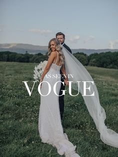 a bride and groom standing in a field with the words as seen in voque