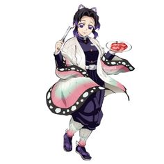 an anime character holding a plate with food in it's hands and wearing purple shoes