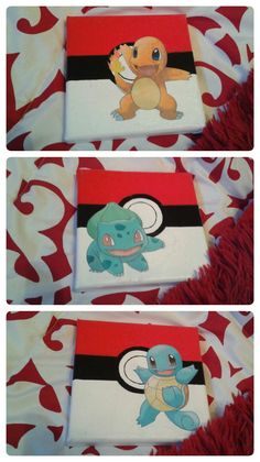 two pictures of the same pokemon character on one piece of fabric with red and white background