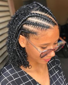 Curly Lob with Half-Up Stitch Braids Half Cornrow Half Curly Hair, Half Cornrows Half Box Braids, Defined Curls Natural Hair, Braids In The Front Natural Hair, Cute Braids Hairstyles, Half Braids, Braid In Hair, Curled Hair With Braid, Half Cornrows