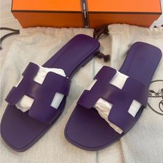 Brand New And Authentic Hermes Oran Sandals In Color Violet Majorette. Limited Color. Hard To Find! Eu Size 38.5 Comes With Original Box And Dust Bags. Made In Italy. Designer Purple Sandals For Summer, Ladys Shoes, Hermes Sandals, Hermes Oran Sandals, Fav Products, Purple Sandals, Rose Gold Sandals, Denim Sandals, Color Violet