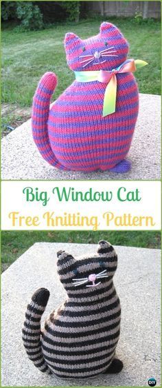 a knitted cat sitting on top of a cement slab with the words, big window cat free knitting pattern