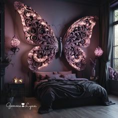 a bedroom with a large butterfly on the wall