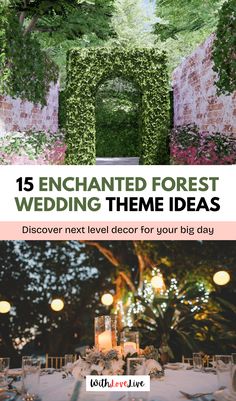 an outdoor dining table with candles and greenery in the background text reads, 15 enchanted forest wedding theme ideas