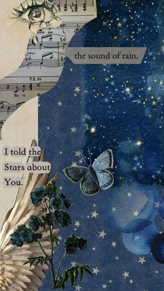 an altered collage with music notes, butterflies and stars in the sky on paper